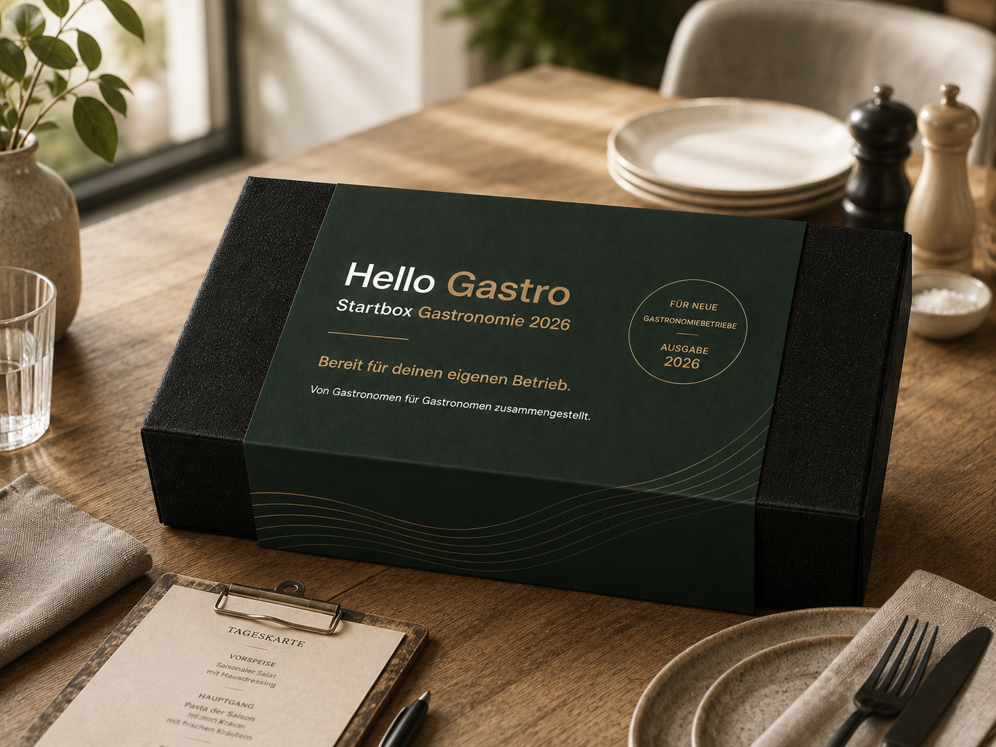 Die Hello-Gastro-Gründungsbox 2026 auf einem Restauranttisch.